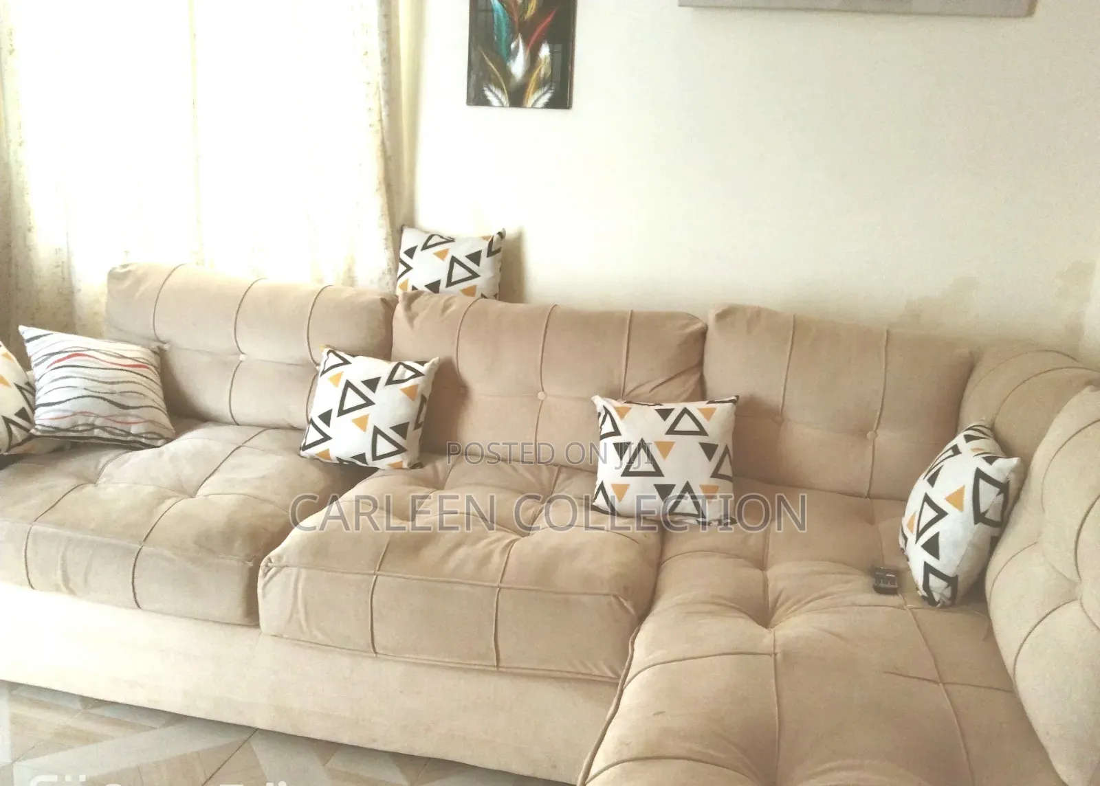 L_shaped Spring Cushioned Fabric Sofaset