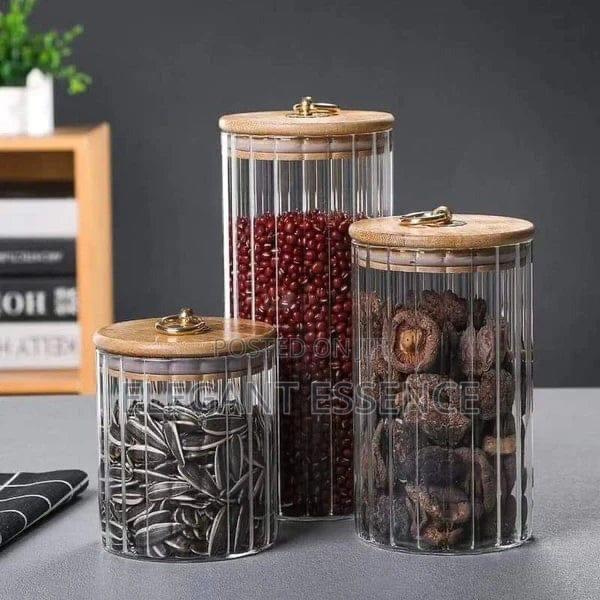 3 In1 Glass Container Bamboo Lid With Golden Pull Ring