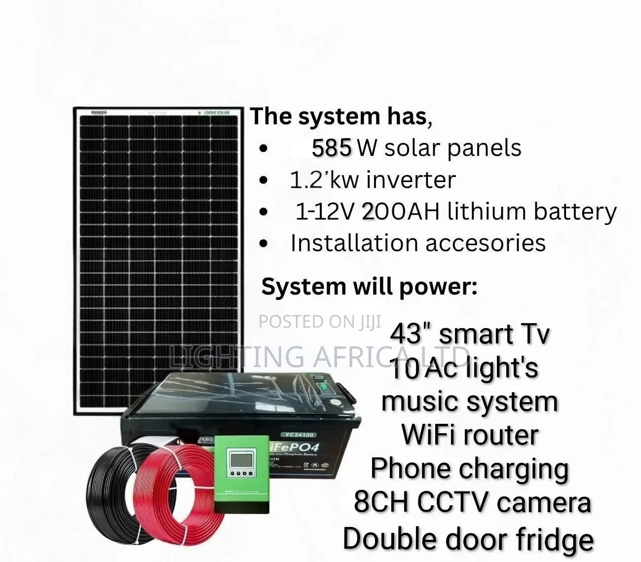 1.2kva Inverter - 200ah Lithium Battery - 585w Solar Full Package