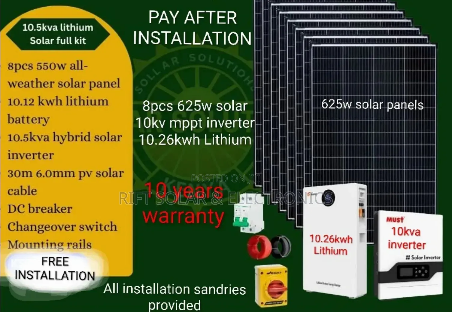 10kva Inverter - 10.26kwh Lithium Battery - (8)625w Solar Panels Kit