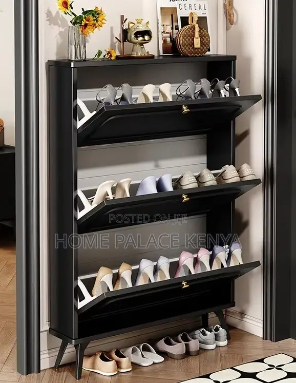 Shoe Cabinet: Black Ultra Thin Vintage Flip Shoe Rack