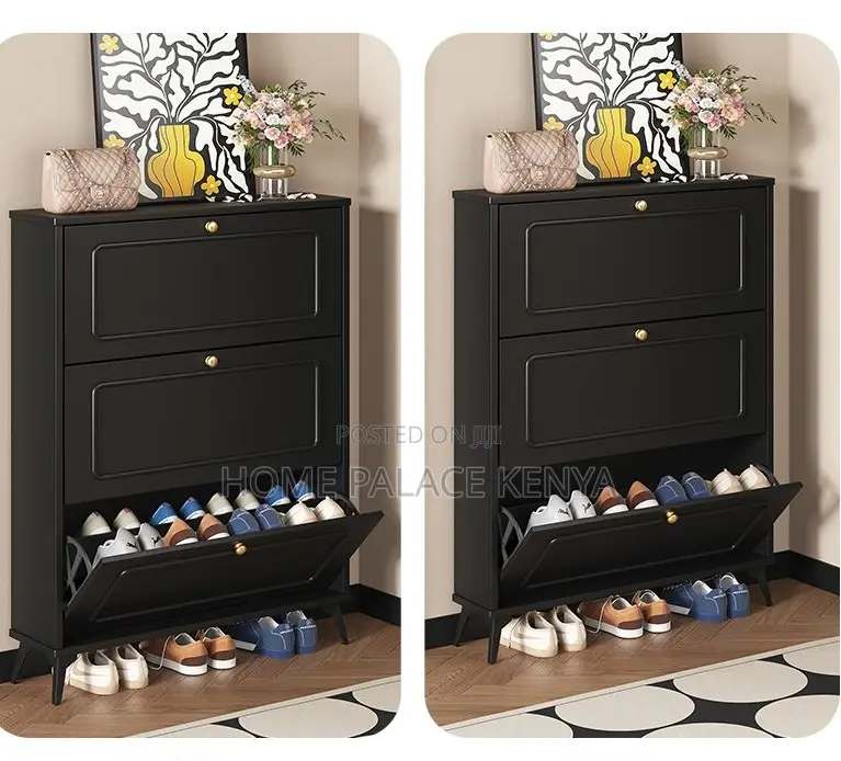 Shoe Cabinet: Black Ultra Thin Vintage Flip Shoe Rack