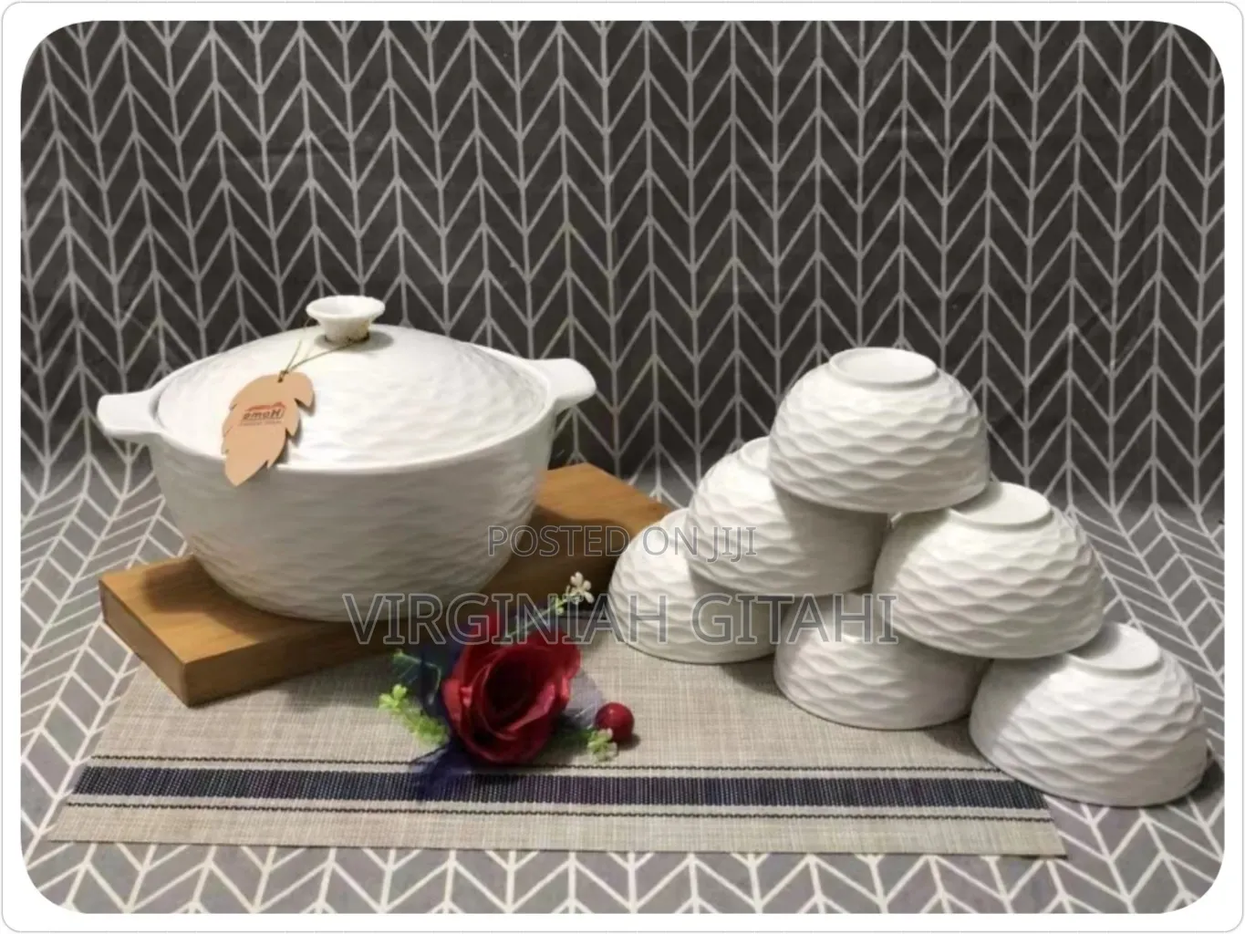 Ceramic White Serving Dish With Soup/Vegetable Bowls