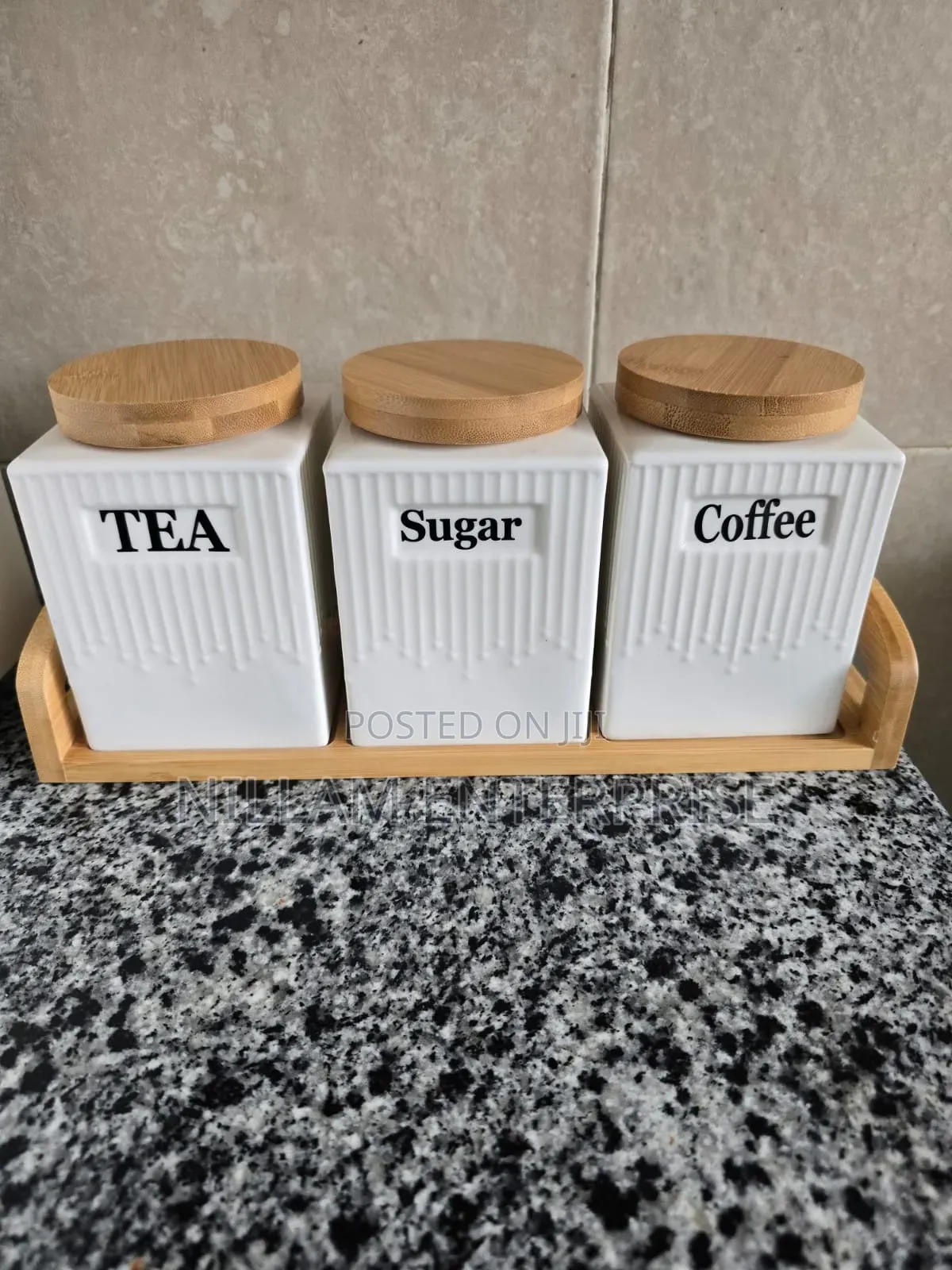 3pc Ceramic Canister Set With Bamboo Lids Tray