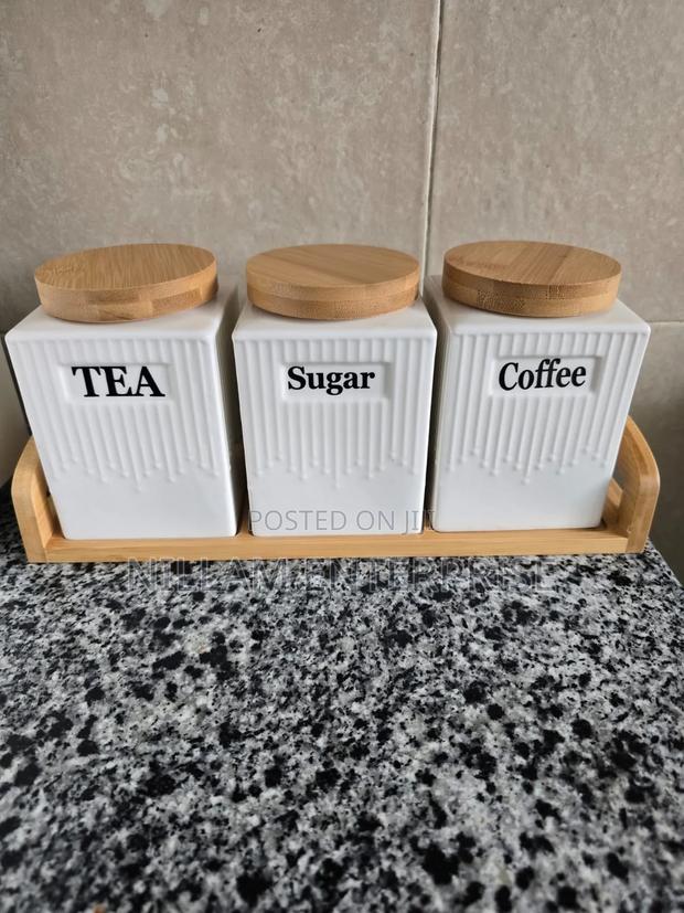 3pc Ceramic Canister Set With Bamboo Lids Tray
