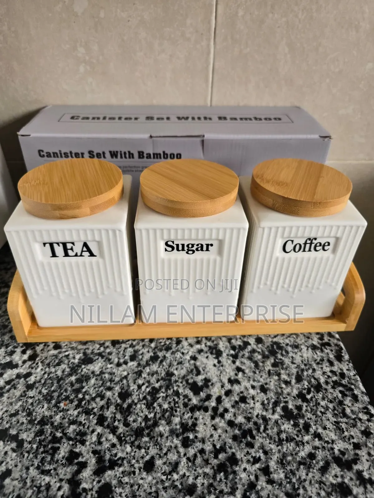 3pc Ceramic Canister Set With Bamboo Lids Tray