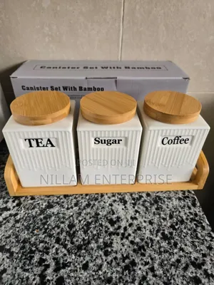 3pc Ceramic Canister Set With Bamboo Lids Tray