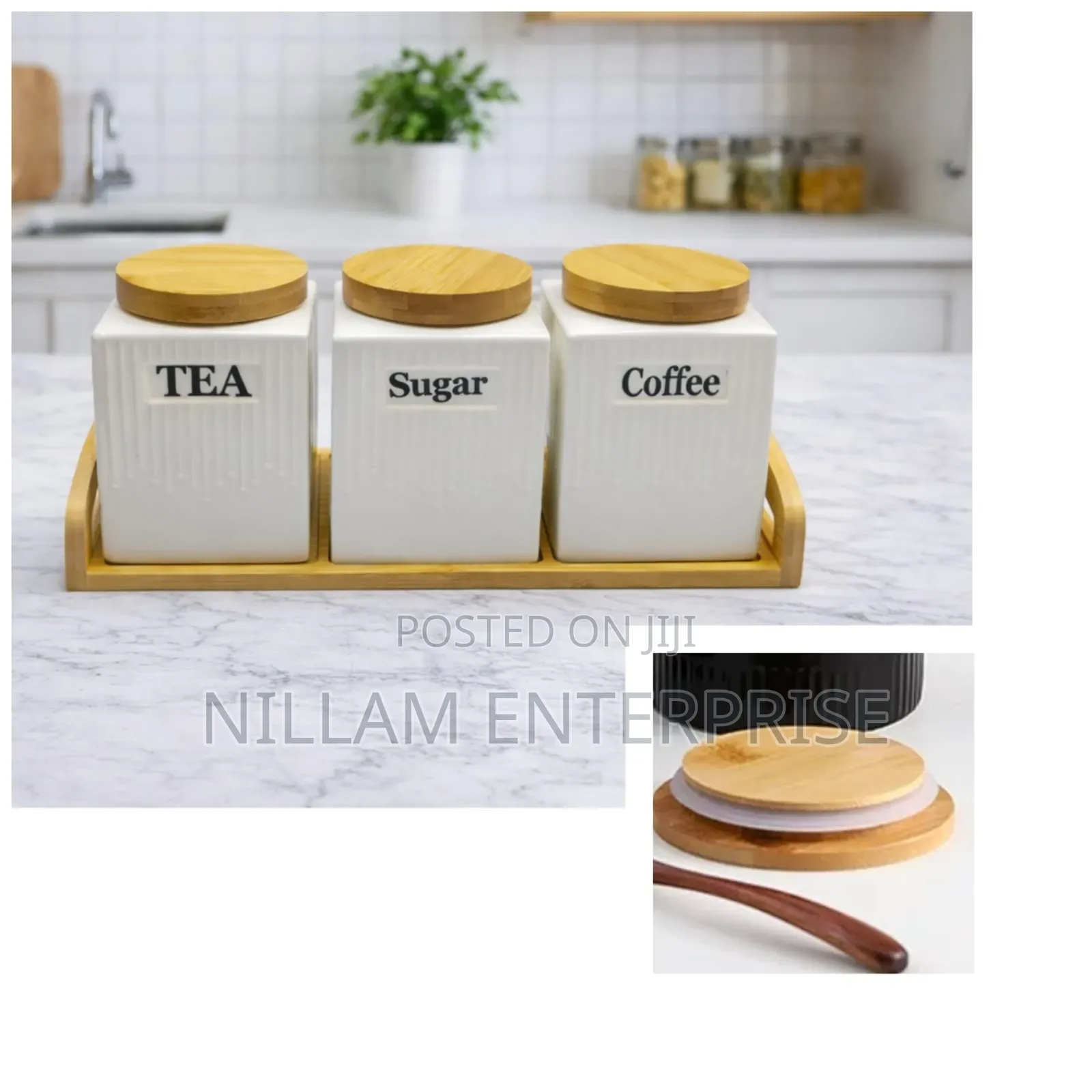 3pc Ceramic Canister Set With Bamboo Lids Tray