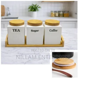 3pc Ceramic Canister Set With Bamboo Lids Tray