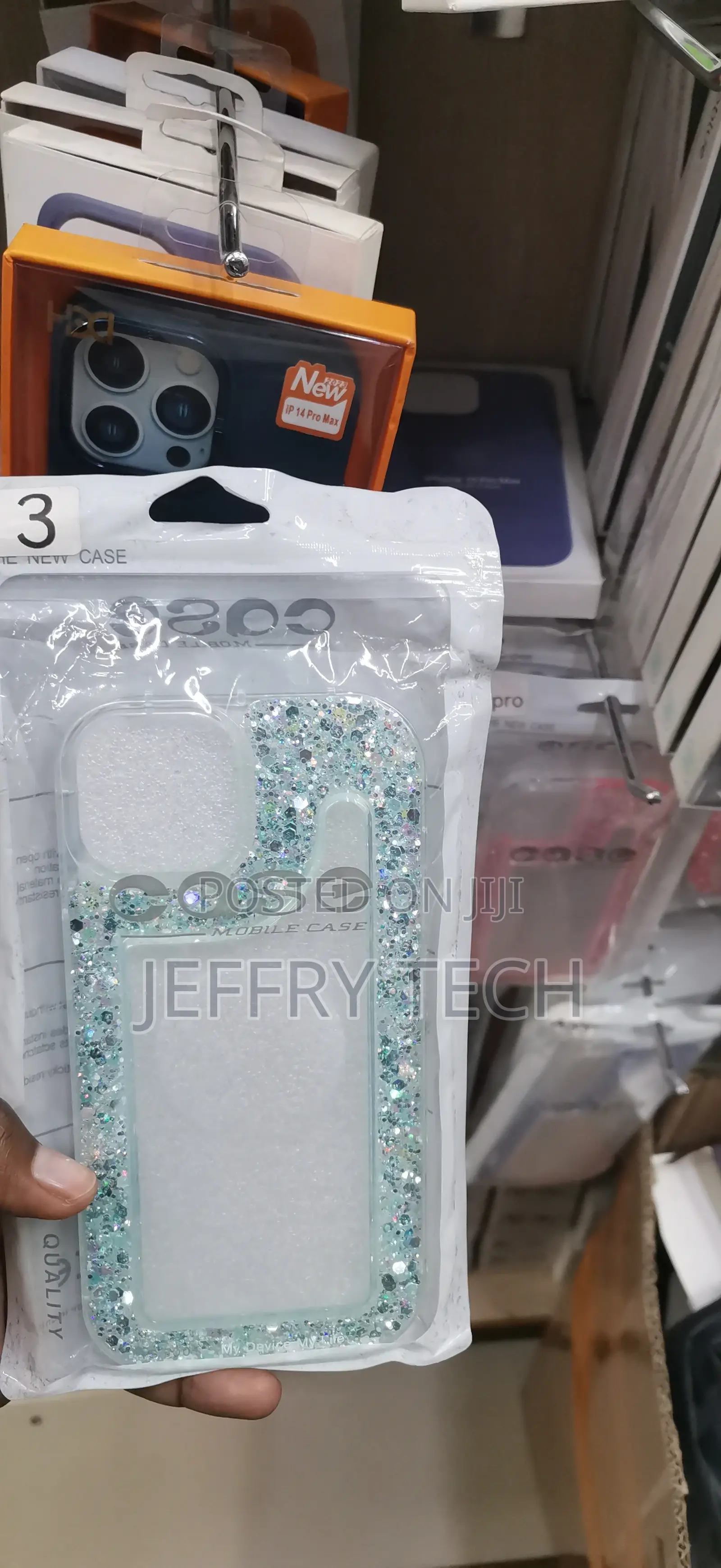 iPhone 14 Pro Max Embedded Light Blue and Silver Glitter Chunks Case