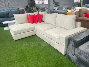 Plush Beige 6 Seater L Seat With Red Cushions