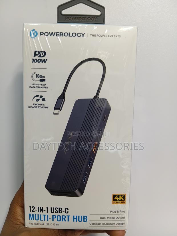 This Is a Powerology 12-in-1 Usb-C Multi-Port Hub in a Gray Aluminum