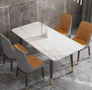 Dining Set: 4 Seater Rectangle Table With Stone Top and Metal Legs