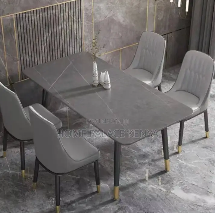 Dining Set: 4 Seater Rectangle Table With Stone Top and Metal Legs