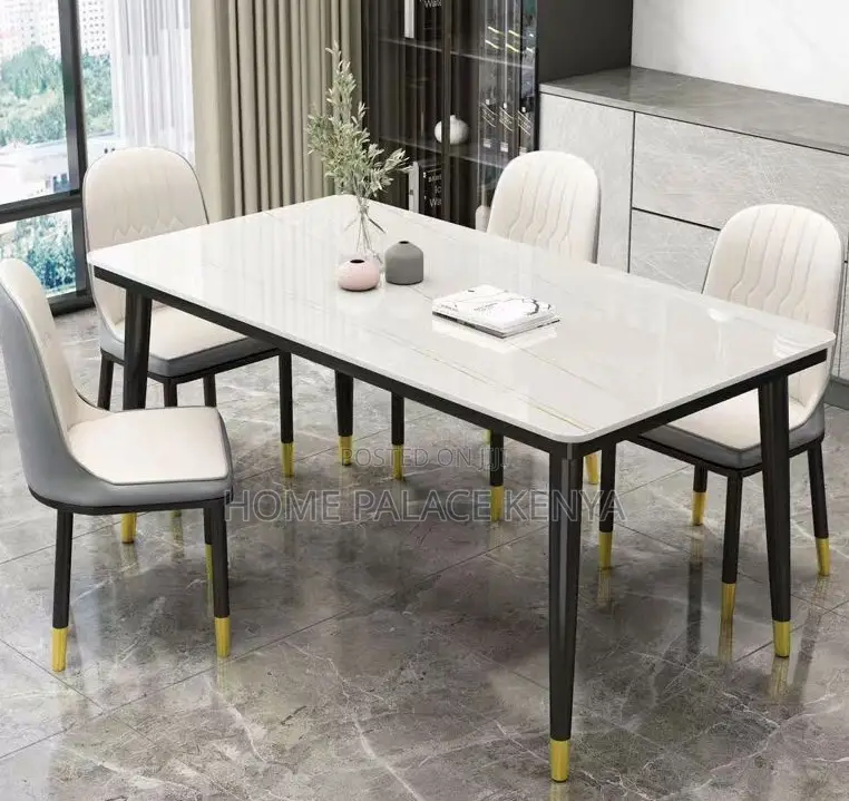 Dining Set: 4 Seater Rectangle Table With Stone Top and Metal Legs