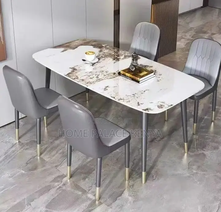 Dining Set: 4 Seater Rectangle Table With Stone Top and Metal Legs