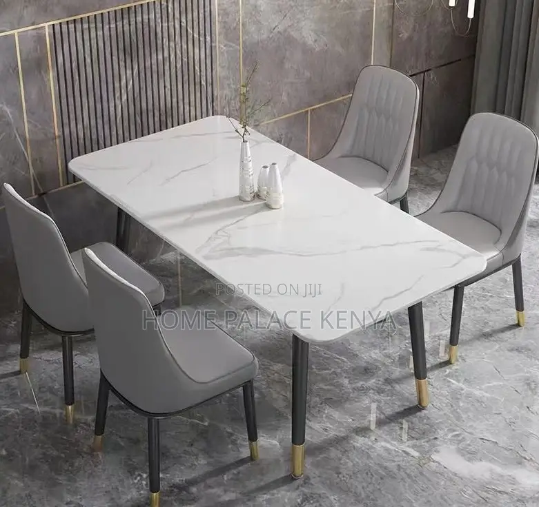 Dining Set: 4 Seater Rectangle Table With Stone Top and Metal Legs