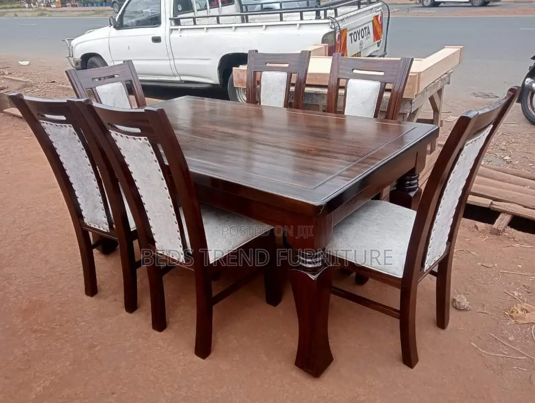6-Seater Dining Set Polished Dark Wood With Cushioned Chairs