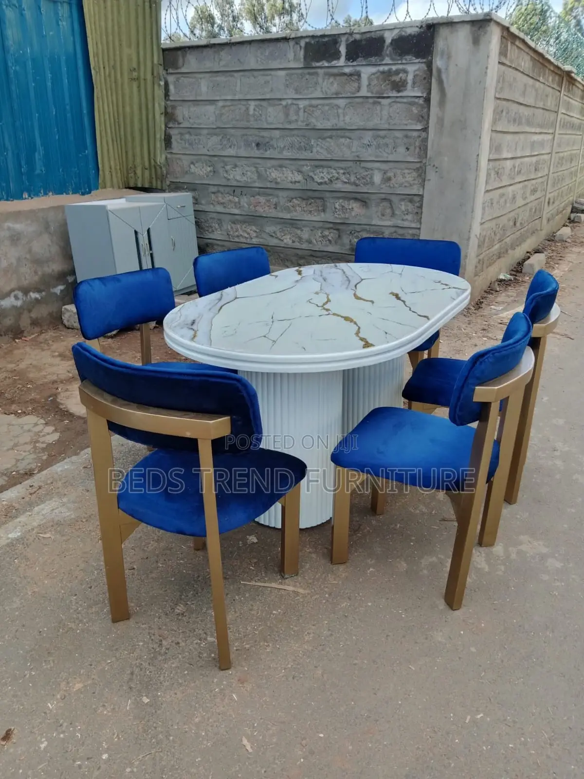 6-Seater Dining Set Oval Marble-Top Table With Velvet Chairs