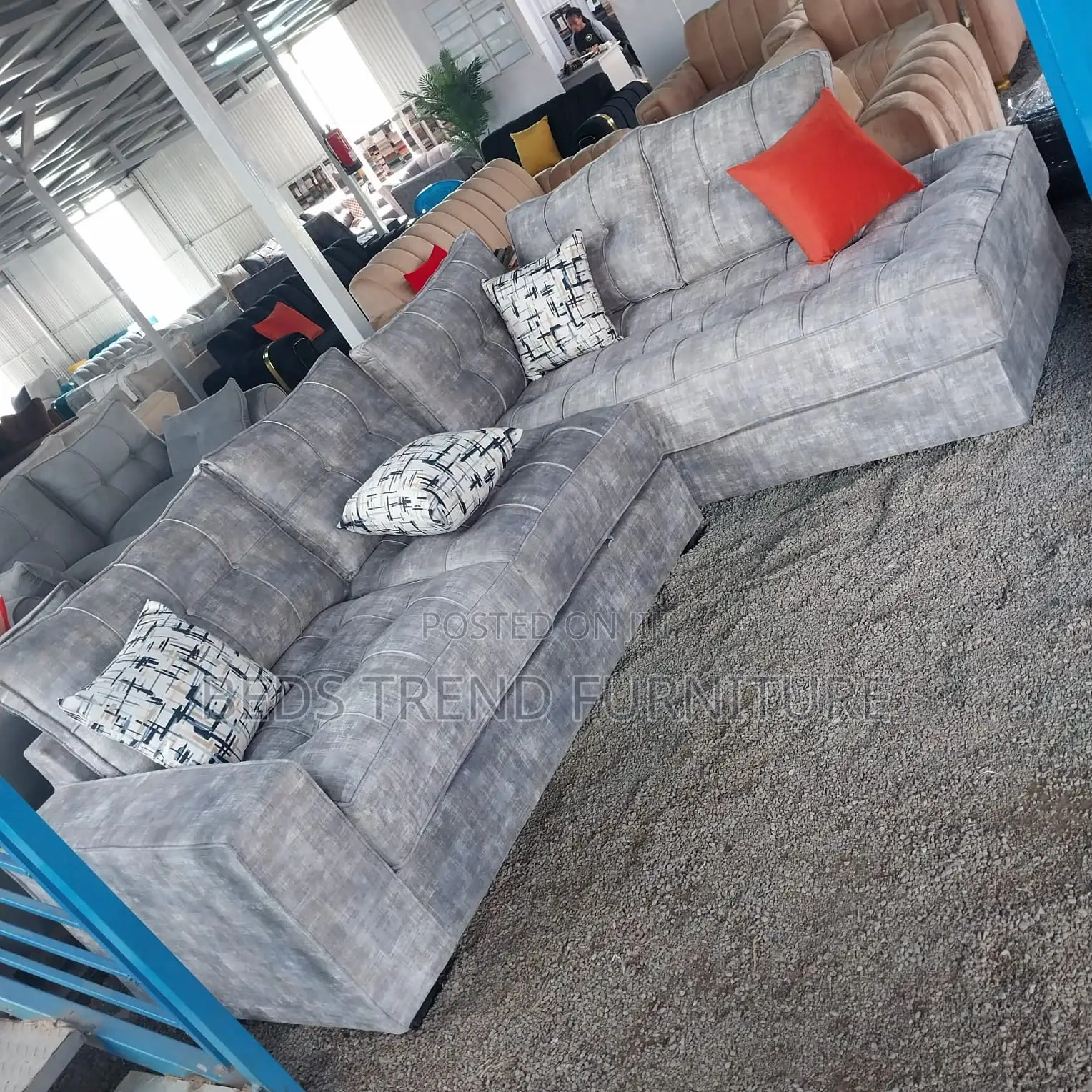 6-Seater L Seat Sofa Light Gray Tufted Fabric