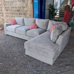 6-Seater L Seat Sofa Light Gray Fabric With Striped Pillows