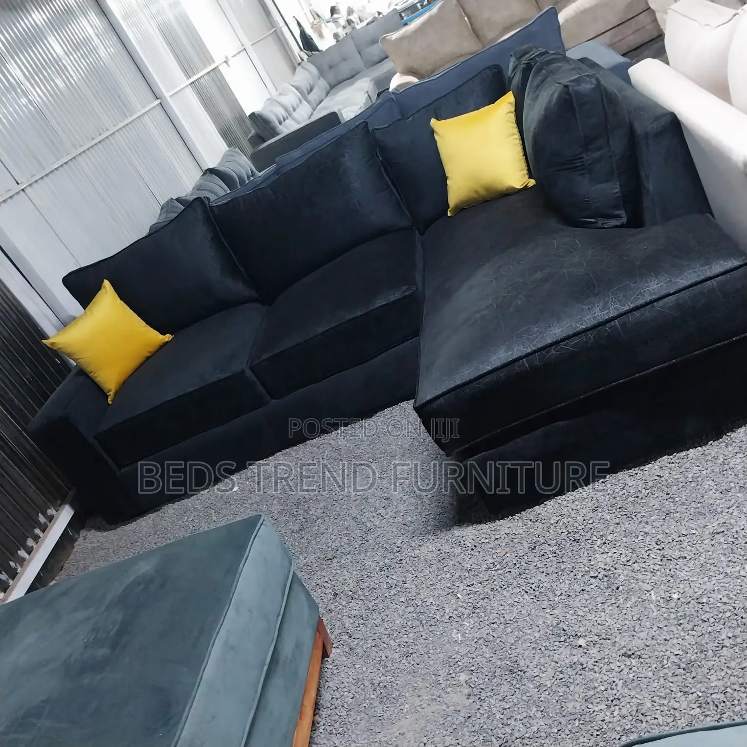 6-Seater L Seat Sofa Black Fabric With Yellow Pillows