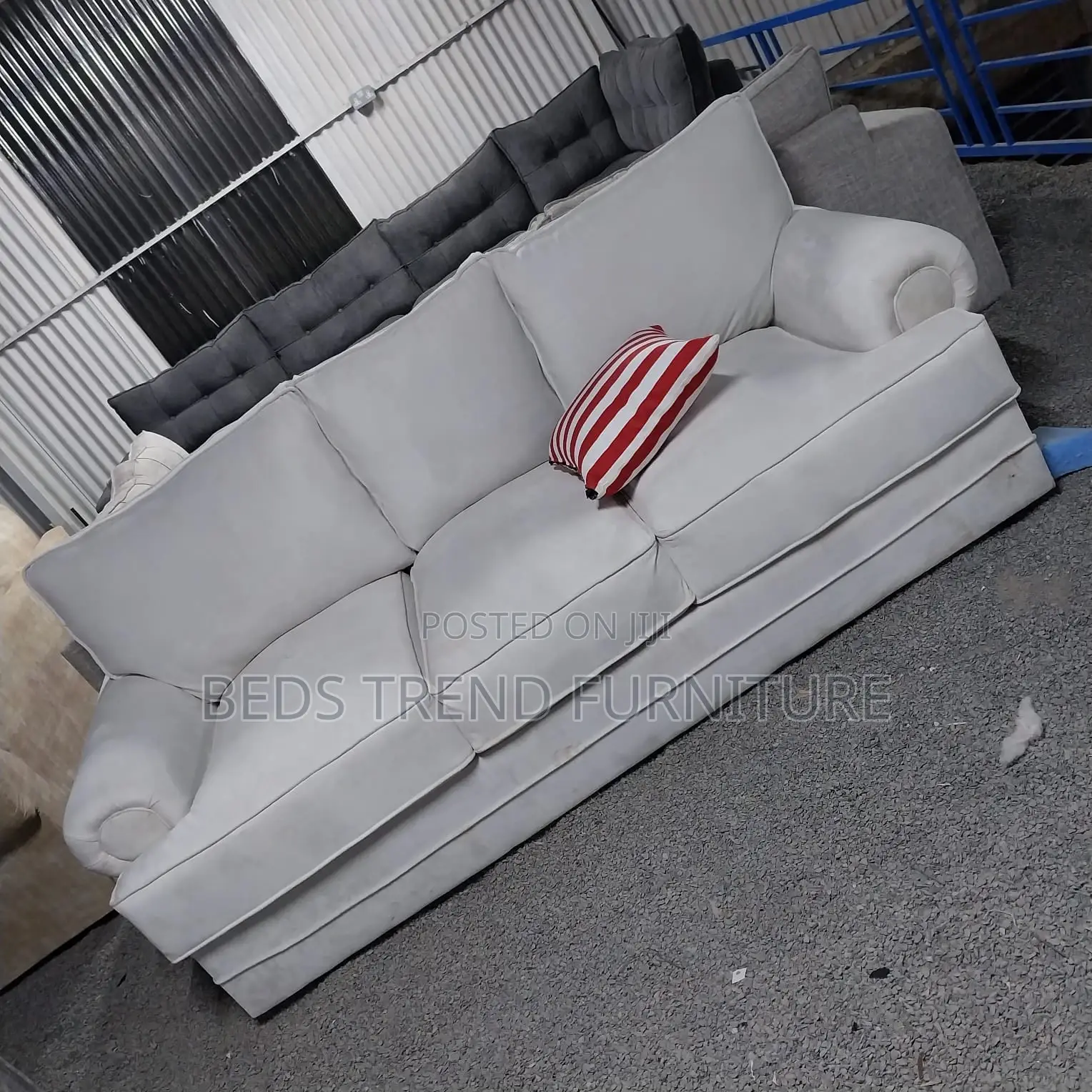 3-Seater Sofa Light Gray Fabric With Striped Pillow