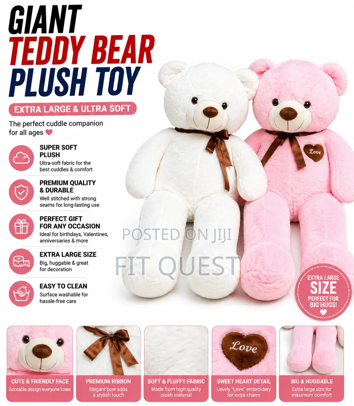 100cm Giant Teddy Bear Plush Toy Extra Soft Large Hugging Gift