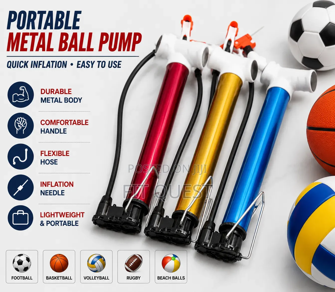 Portable Metal Ball Pump With Flexible Hose and Inflation Needle