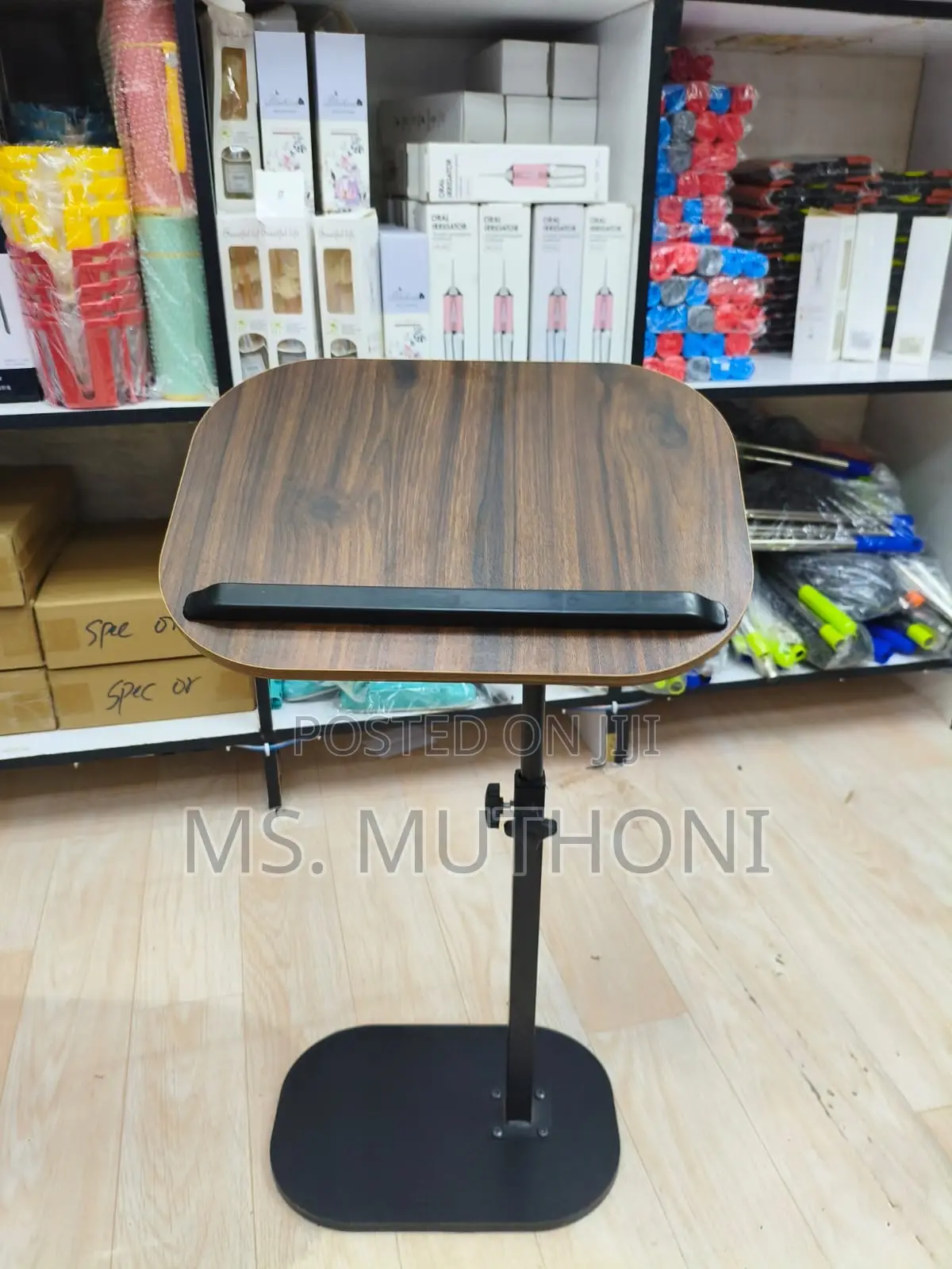 Adjustable Walnut-Finished Tabletop and a Black Metal Stand.