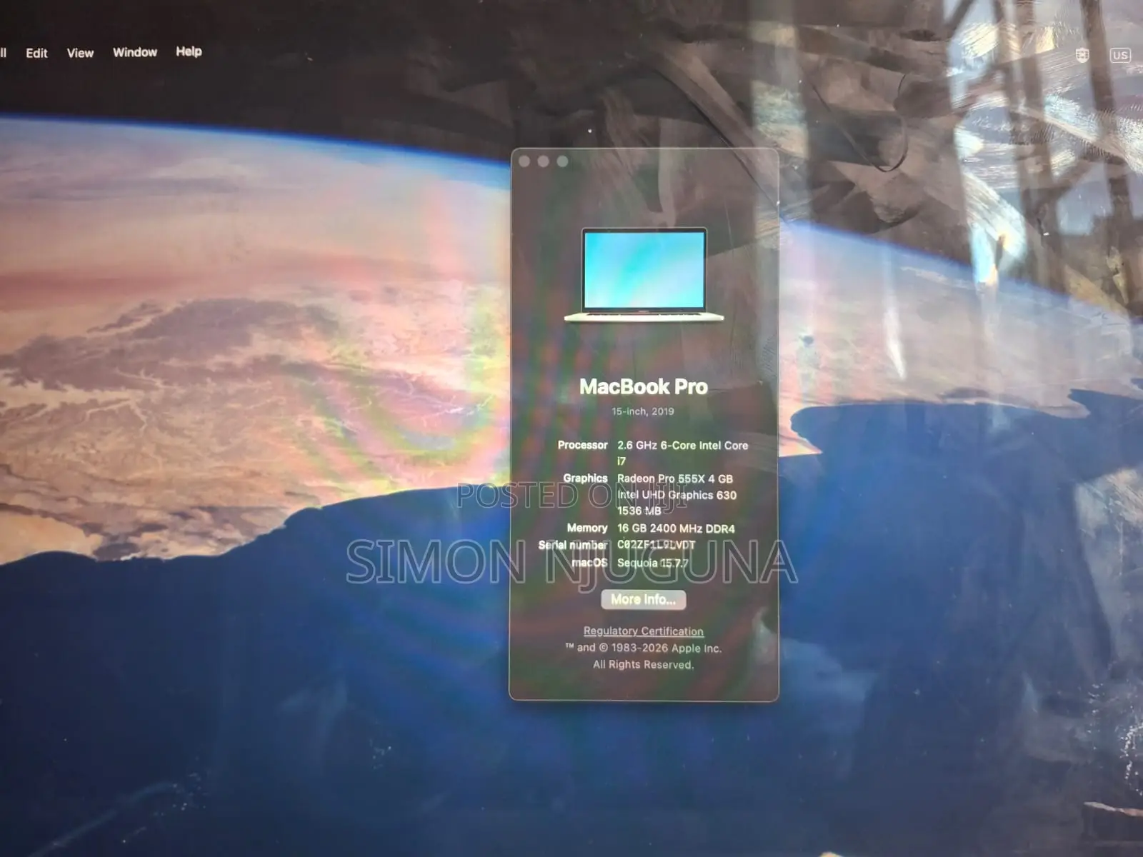 Laptop Apple MacBook Pro 2019 16GB Intel Core i7 SSD 256GB