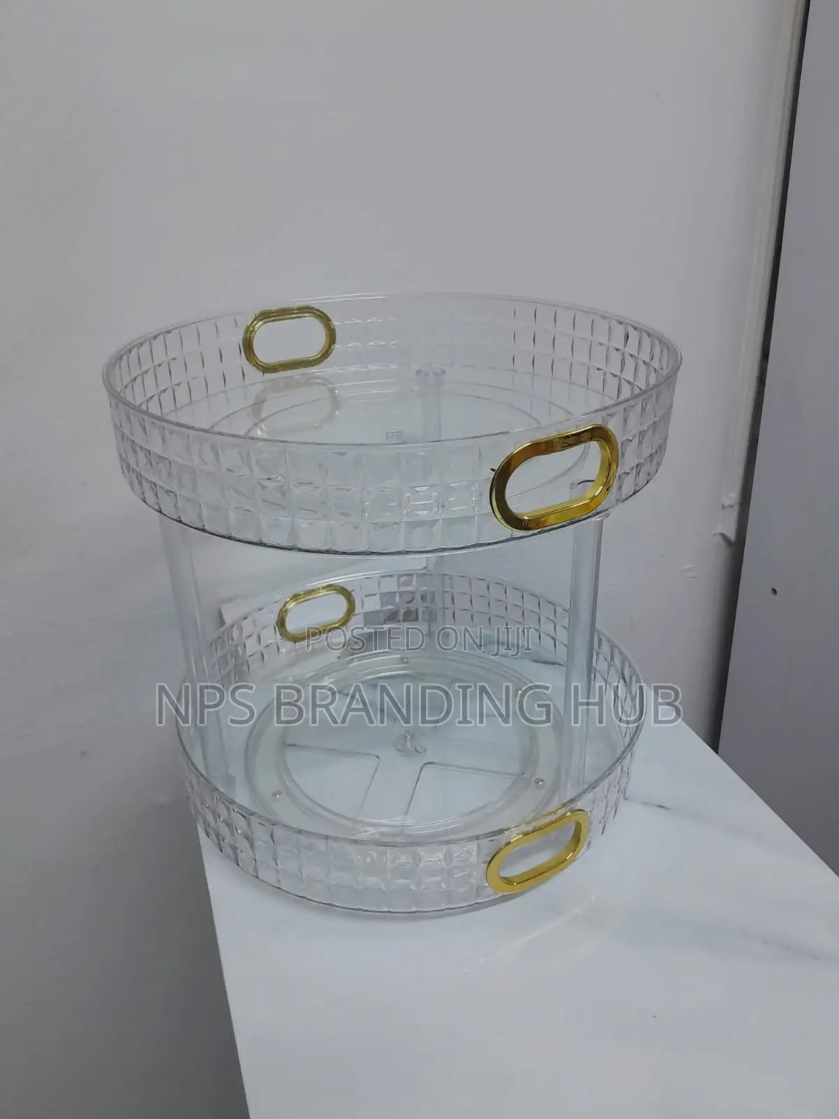 Diamond Acrylic Rotating Cosmetic Organizer Clear Gold Handles (Gra.T