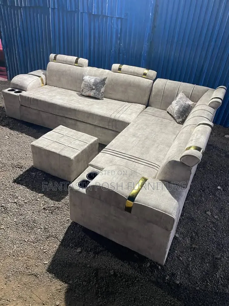 Cream L-Shape Sofa 6 Seater With Cup Holders