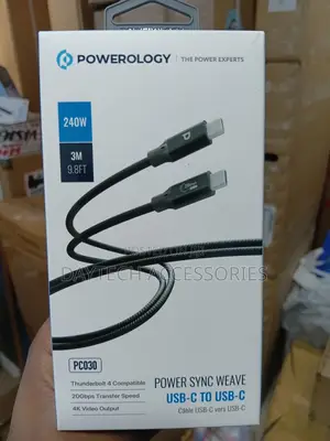 This Is a Powerology Power Sync Weave Usb-C to Usb-C Cable 3-Meter