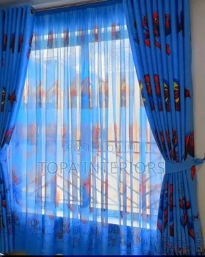 Blue Cartoon Kids Curtains With Matching Sheer
