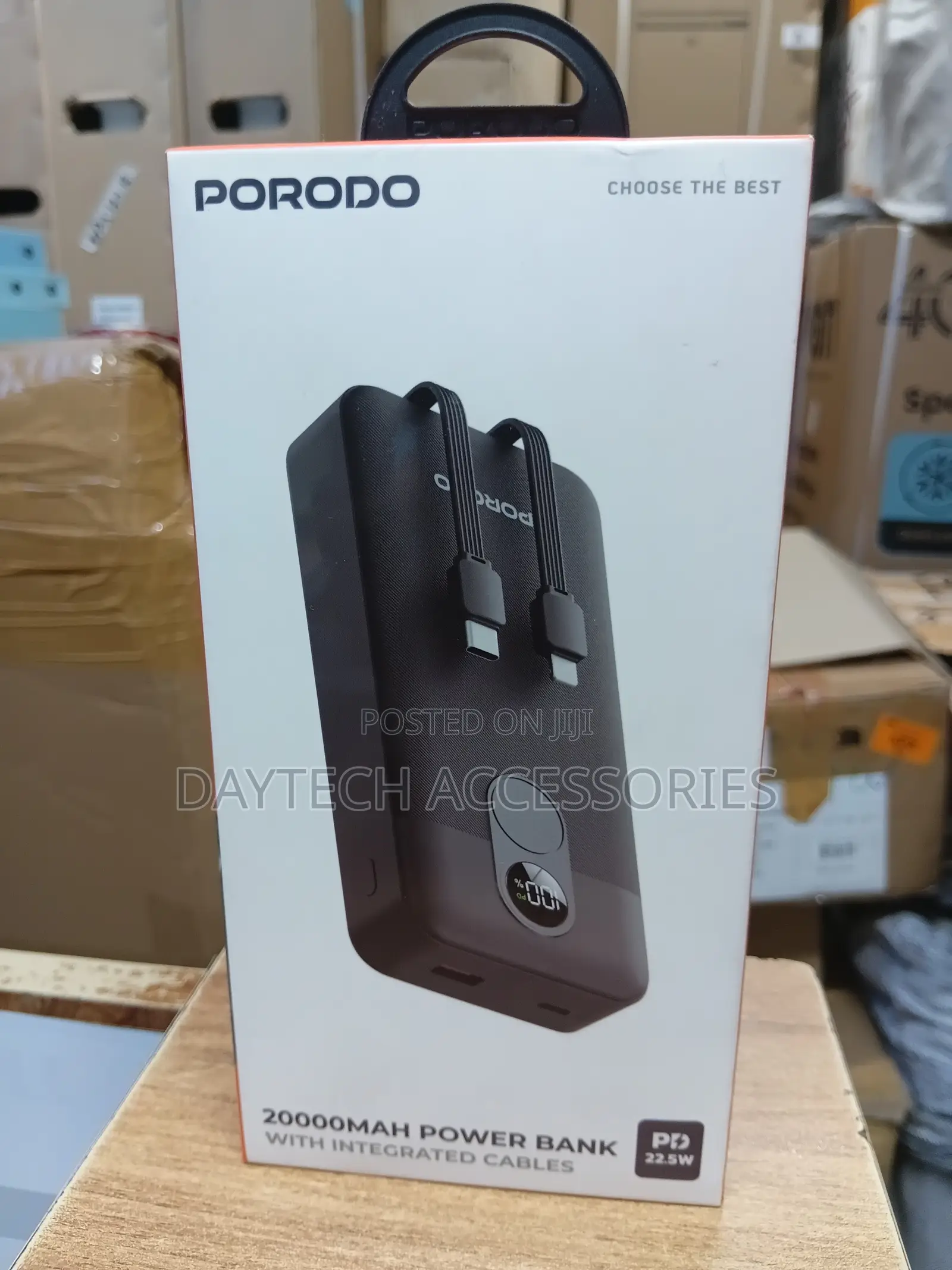 This Is a Porodo 20000mah Power Bank Integrated Cables and Display.