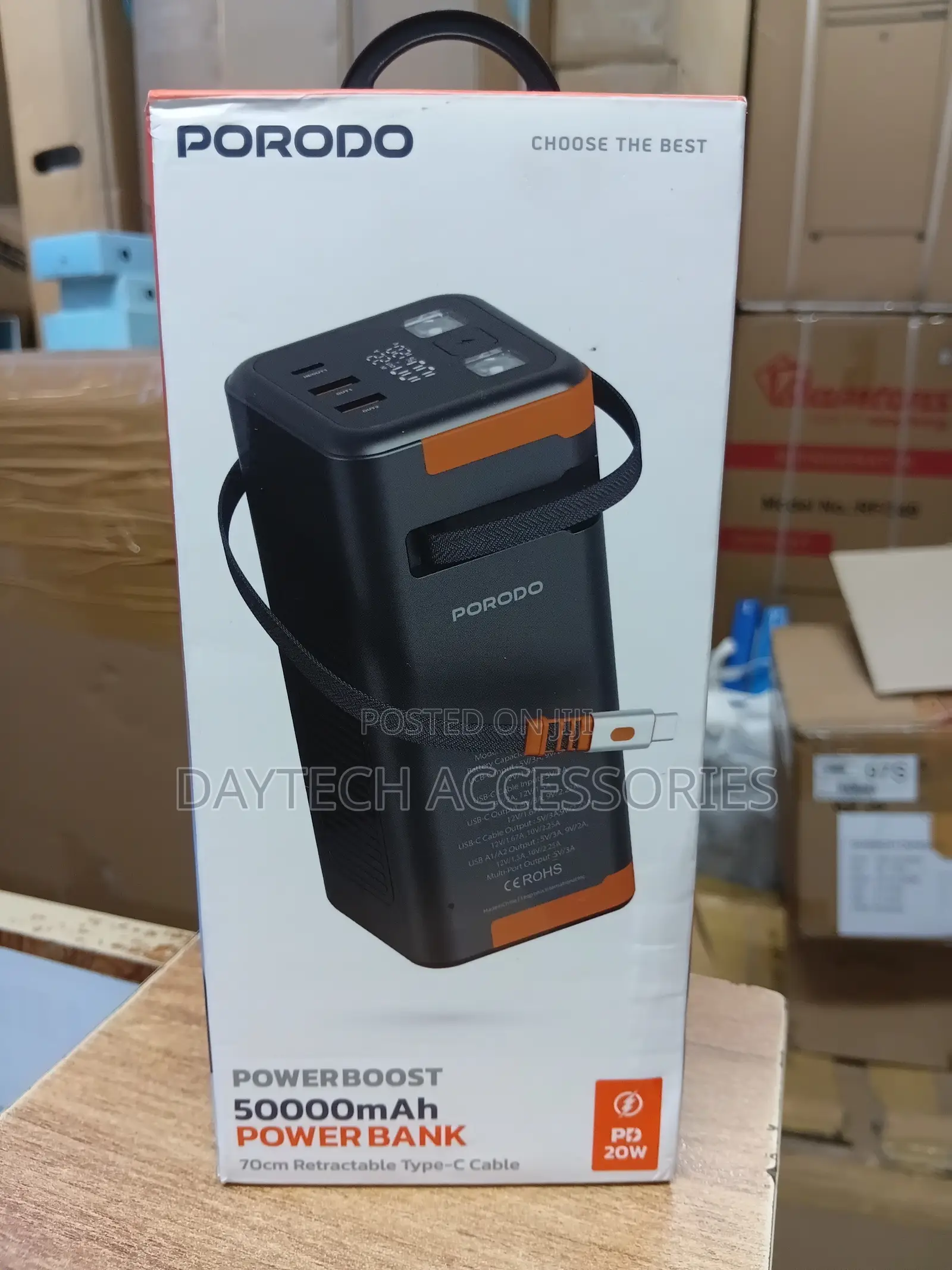 Porodo Power Boost 50000mah Power Bank 70cm Retractable Type-C Cable
