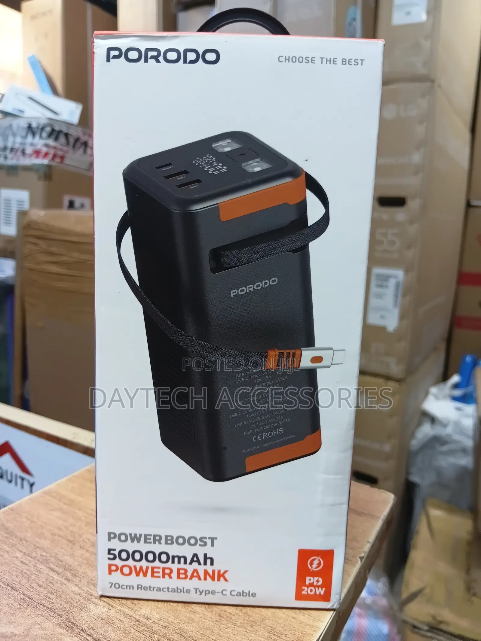 Porodo Power Boost 50000mah Power Bank 70cm Retractable Type-C Cable