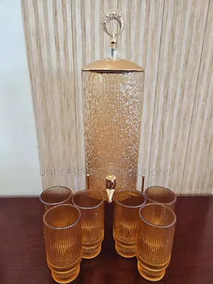 Quality Crystal Gold Glass Juice Dispenser Decanter With 6 Glasses
