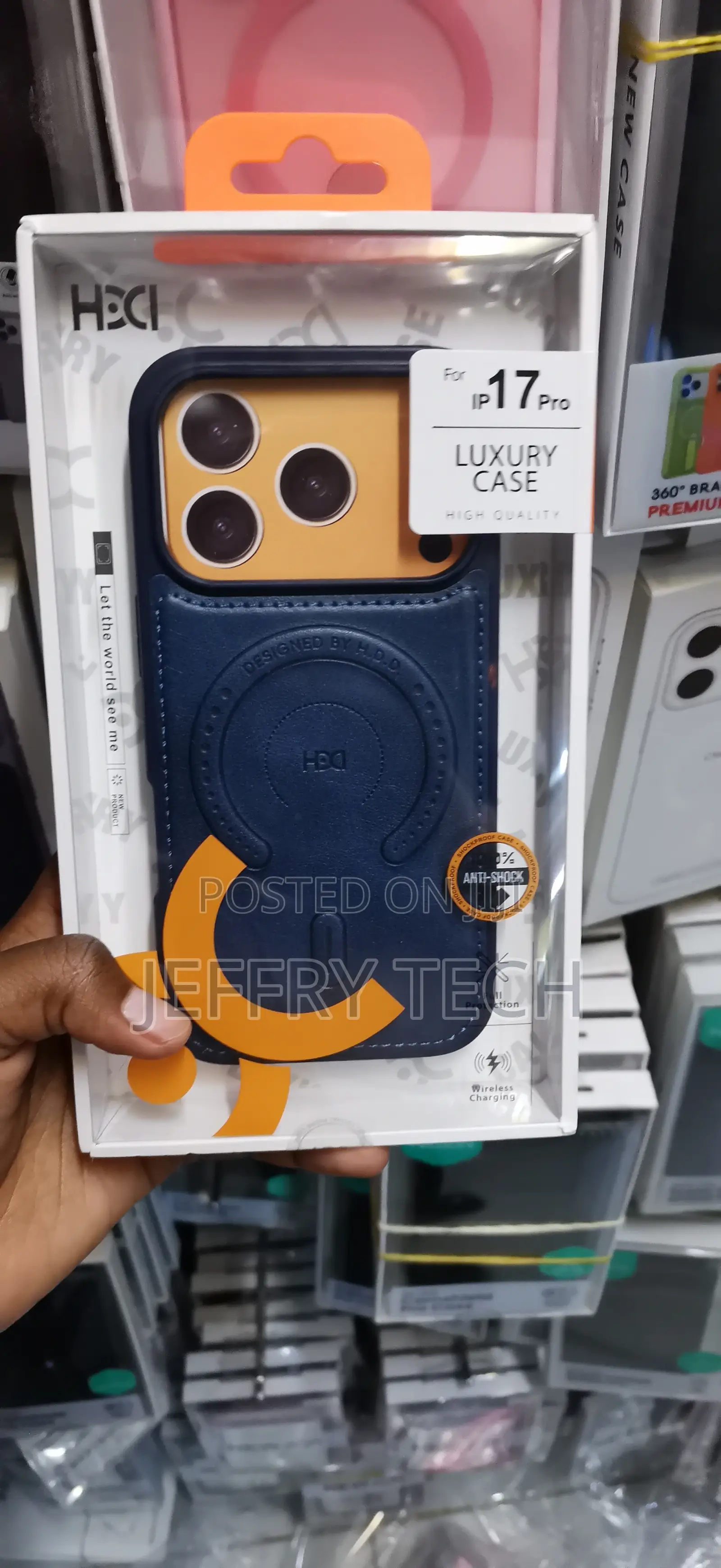iPhone 17 Pro,Case- Navy Blue and Orange Leather Finish.