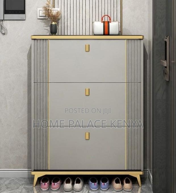 Shoe Rack: 3 Tier Cabinet With Gold Detailed Handles - main view