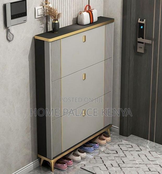 Shoe Rack: 3 Tier Cabinet With Gold Detailed Handles - thumbnail 2