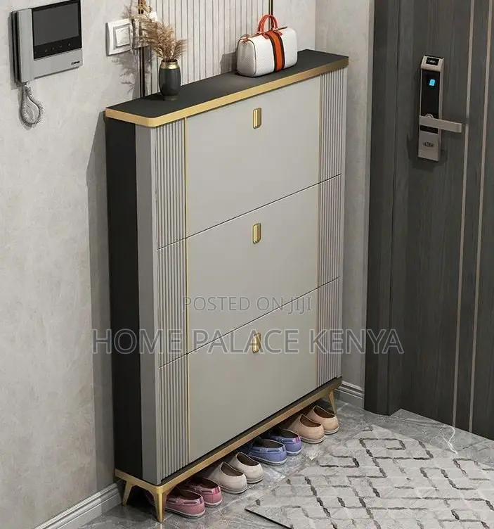 Shoe Rack: 3 Tier Cabinet With Gold Detailed Handles