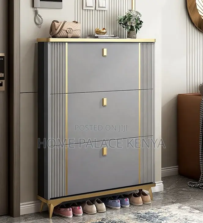Shoe Rack: 3 Tier Cabinet With Gold Detailed Handles