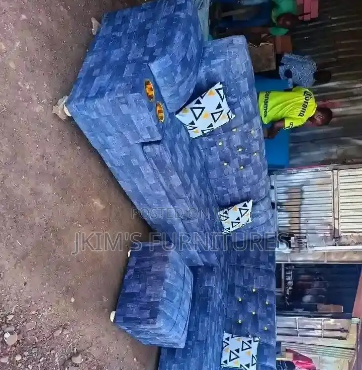 Blue Upholstered Sectional Sofa Set