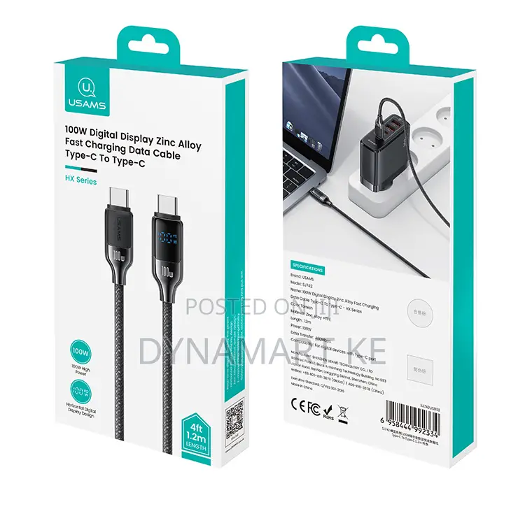 Usams 100w 1.2m Digital Display Fast Charging Data Cable Type-C to C