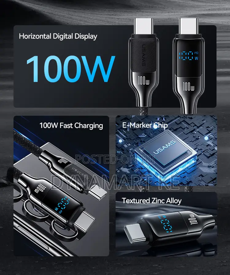 Usams 100w 1.2m Digital Display Fast Charging Data Cable Type-C to C