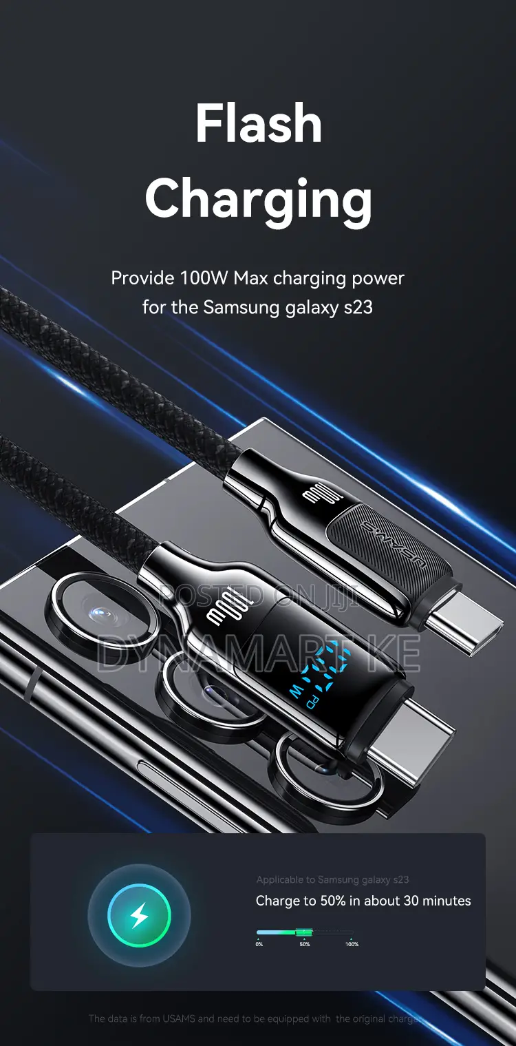 Usams 100w 1.2m Digital Display Fast Charging Data Cable Type-C to C