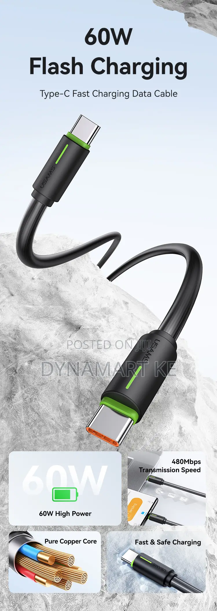 Usams 60w 1m Charging and Data Cable Type-C to Type-C