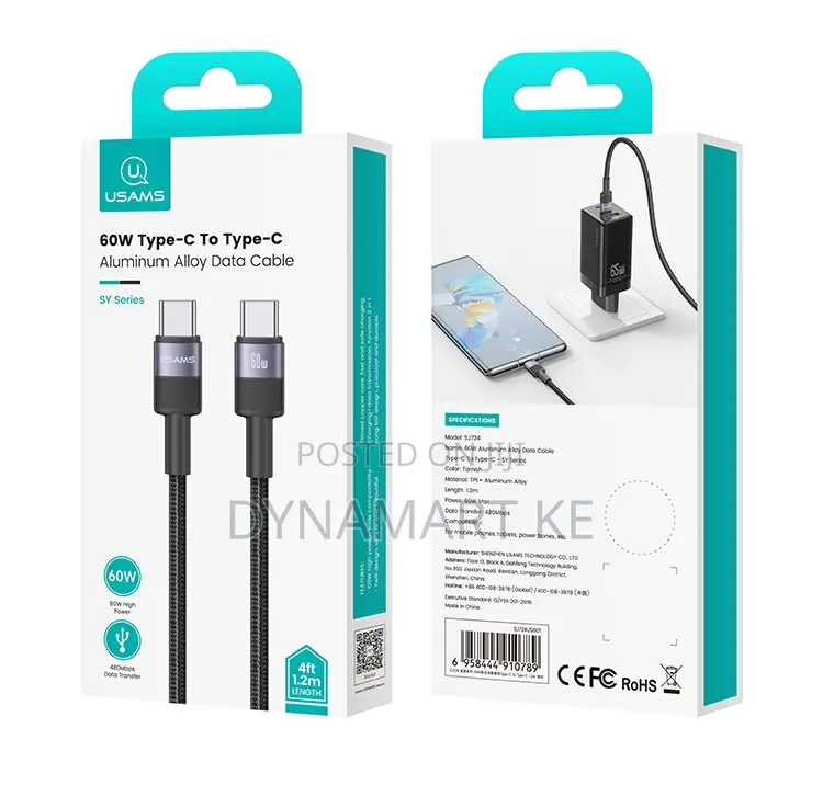 Usams 60w 1.2m Aluminum Alloy Charging and Data Cable Type-C to Type-C